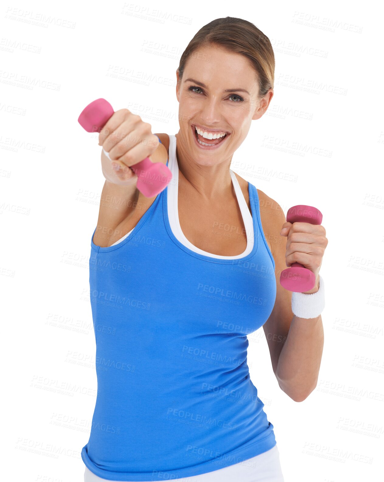 Buy stock photo Fitness, portrait and woman with dumbbell isolated on transparent, png background for body, exercise and gym. Bodybuilder, sports person and excited for workout goals, power and lose weight training