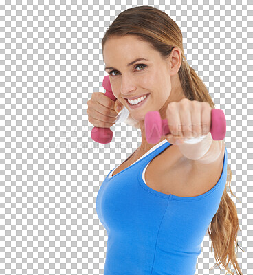 Buy stock photo Fitness, portrait and dumbbells with woman or smile isolated on a transparent png background. Happy face, female person and weights for exercise, strong or wellness at gym for energy with muscles.