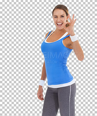 Buy stock photo Okay, sign and woman in fitness portrait for success, winning and like for health progress, winning and lose wight. Workout, exercise and person with yes emoji isolated on transparent png background