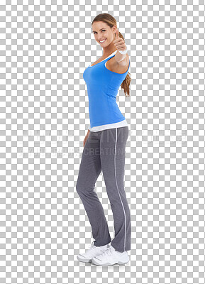 Buy stock photo Woman, fitness and thumbs up portrait for exercise, healthy lifestyle and happiness. Support, thank you and hand sign for workout motivation with happy person isolated on transparent, png background