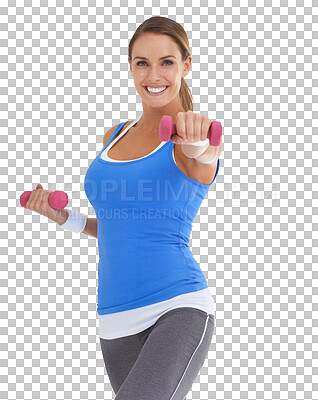Buy stock photo Happy, portrait and woman with dumbbells for fitness isolated on a transparent png background. Smile, bodybuilder and athlete weightlifting for sports exercise, training or workout for strong muscle.