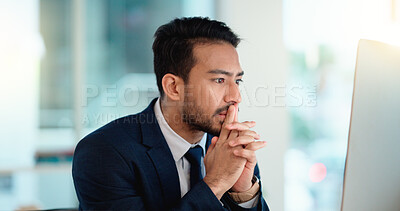 Buy stock photo Stressed web developer suffering with mental block while trying to code on a computer in his office. Frustrated data scientist struggling with fatigue and feeling the pressure to hit his deadline