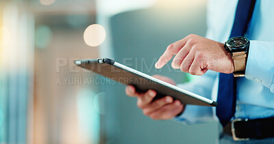 Buy stock photo Business man browsing on a digital tablet in an office. Closeup on hands of a corporate professional and expert staying organized with apps. Scrolling on the internet and planning successful ideas