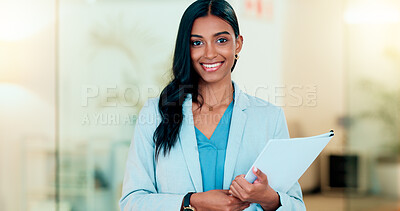 Buy stock photo Happy, confident and successful businesswoman holding files while doing admin in an office. Female executive and entrepreneur ready to work with a positive attitude. HR manager ready to do interview