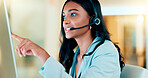 Professional and helpful call centre woman using a headset, assists business consult. Helpful support service agent talks with client on call. Remote worker gives client advice telephonically