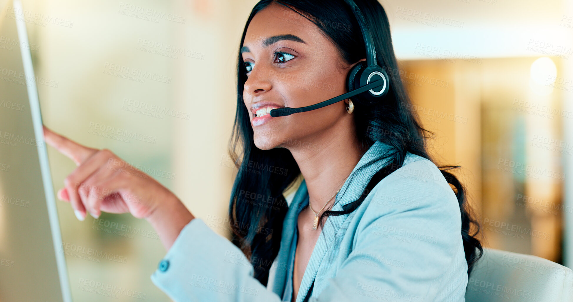 Buy stock photo Professional and helpful call centre woman using a headset, assists business consult. Helpful support service agent talks with client on call. Remote worker gives client advice telephonically