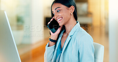 Buy stock photo Businesswoman talking on phone, reading research on computer and networking with clients or negotiating deals. Confident woman multitasking, connecting and sharing ideas with customers on technology