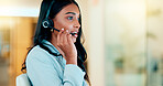 Professional and helpful call centre woman using a headset, assists business consult. Helpful support service agent talks with client on call. Remote worker gives client advice telephonically