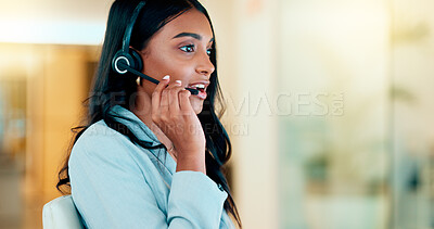 Buy stock photo Professional and helpful call centre woman using a headset, assists business consult. Helpful support service agent talks with client on call. Remote worker gives client advice telephonically