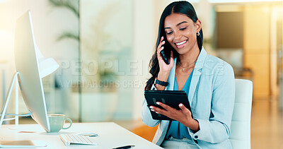 Buy stock photo Happy manager talking on a phone in modern office, booking appointment or arranging a meeting on tablet. Young, carefree professional female talking to a client while responding to emails