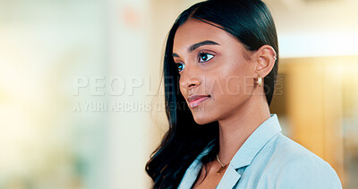 Buy stock photo Business woman reading information on a computer screen while working in an office. Closeup on face of one confident young entrepreneur and focused expert carefully analyzing ideas and plans online
