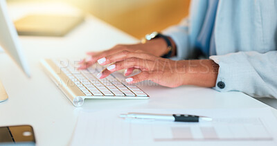 Buy stock photo Closeup of a woman's hands typing on a keyboard while sitting at a desk and sending an email in an office. Financial advisor doing online research for a budget plan and communicating with clients