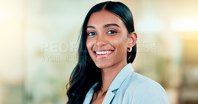 Buy stock photo Portrait of beautiful businesswoman happy smile in office. Female with a positive successful attitude ready to take on work. Confident individual girl showing courage and happiness in the workplace