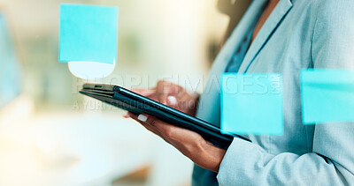 Buy stock photo Advertising agent scrolling for creative ideas online on the internet on a digital tablet while brainstorming alone in an office at work. One marketing worker doing research while planning a project