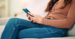 Sofa, home and hands typing on smartphone chat, social media or networking connection on mobile app, internet or house wifi. Teenager girl or woman with cellphone technology texting message in lounge