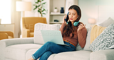 Buy stock photo Girl, phone and call on sofa happy talking, headphones and smile, with laptop for online job in house. Woman, smartphone and conversation on couch, communication and computer for remote work in home