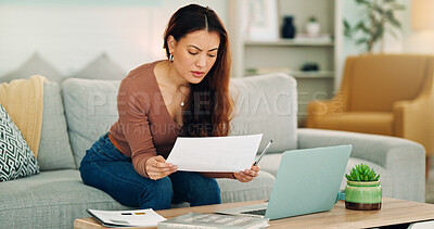 Buy stock photo Woman, paper and laptop in living room on sofa working on project, assignment or task for college or business. Student, girl and home to study, for test or exam at university with handheld movement
