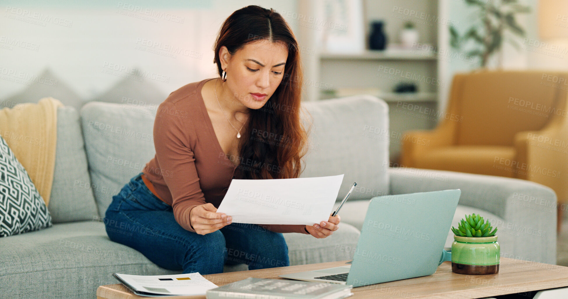 Buy stock photo Woman, paper and laptop in living room on sofa working on project, assignment or task for college or business. Student, girl and home to study, for test or exam at university with handheld movement