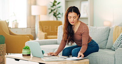 Buy stock photo Entrepreneur, professional and startup worker on her laptop inside home office. Woman thinking, idea and planning digital marketing employee online. Remote, communication and email in house lounge.