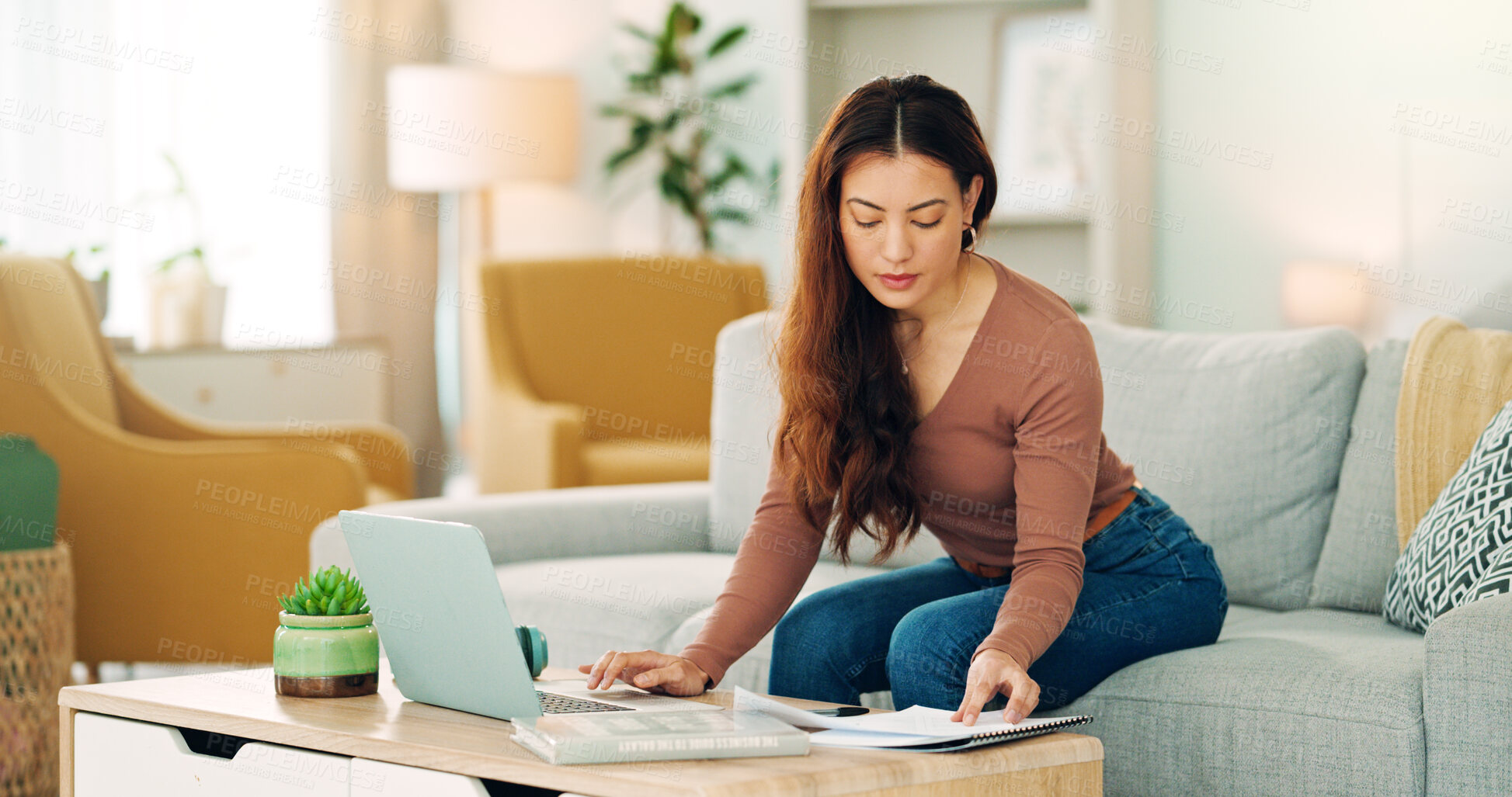 Buy stock photo Entrepreneur, professional and startup worker on her laptop inside home office. Woman thinking, idea and planning digital marketing employee online. Remote, communication and email in house lounge.