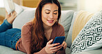 Credit card payment, phone and woman on sofa online shopping in living room buy e-commerce on sale fashion. Asian Singapore girl customer, mobile smartphone and internet banking app happy in lounge