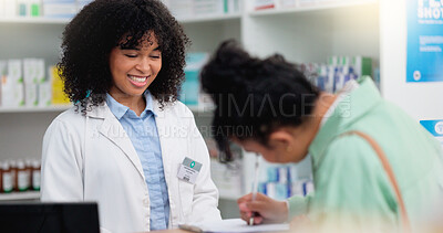 Buy stock photo Pharmacist helping a customer in a pharmacy. Woman signing medical paperwork to collect over the counter and prescription medication from a friendly healthcare worker in a chemist or dispensary