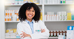 Medical Professional working at chemist ready to give great healthcare customer service to sick patients. Happy female nurse happy to help people get medicine treatment at her pharmacy retail store