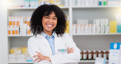 Buy stock photo Medical Professional working at chemist ready to give great healthcare customer service to sick patients. Happy female nurse happy to help people get medicine treatment at her pharmacy retail store