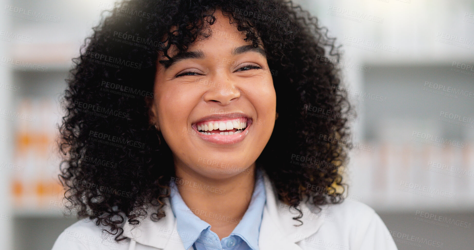 Buy stock photo Closeup portrait of pharmacist face against a bright background with copy space. Professional healthcare worker excited to help, diagnose and treat sick patients at a drugstore or clinic dispensary