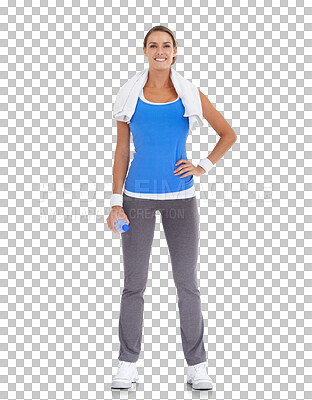 Buy stock photo Fitness, portrait and confident woman with water isolated on a transparent png background. Sport, bottle or happy athlete with drink for healthy nutrition after exercise, workout or wellness training
