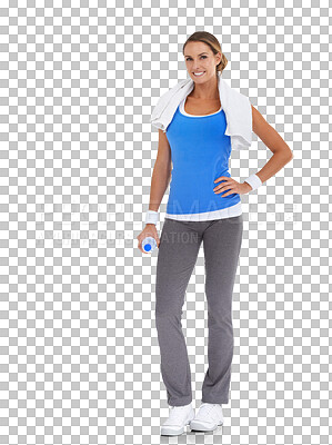 Buy stock photo Portrait, fitness towel and woman with water isolated on a transparent png background. Sports, bottle and athlete with drink for healthy nutrition after exercise, workout or training for wellness.