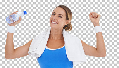 Buy stock photo Portrait, fitness and woman with water in celebration isolated on a transparent png background. Athlete, bottle and winner with drink to celebrate exercise target, workout goals and happy for success