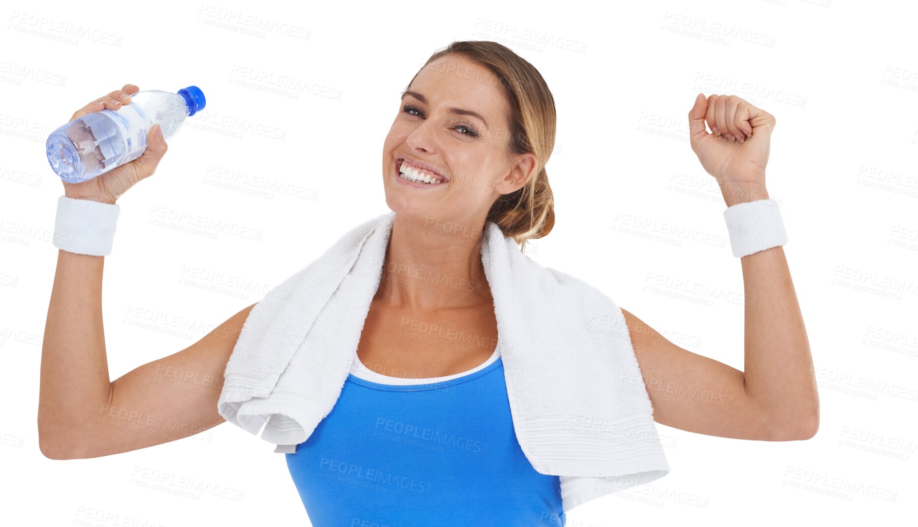 Buy stock photo Portrait, fitness and woman with water in celebration isolated on a transparent png background. Athlete, bottle and winner with drink to celebrate exercise target, workout goals and happy for success