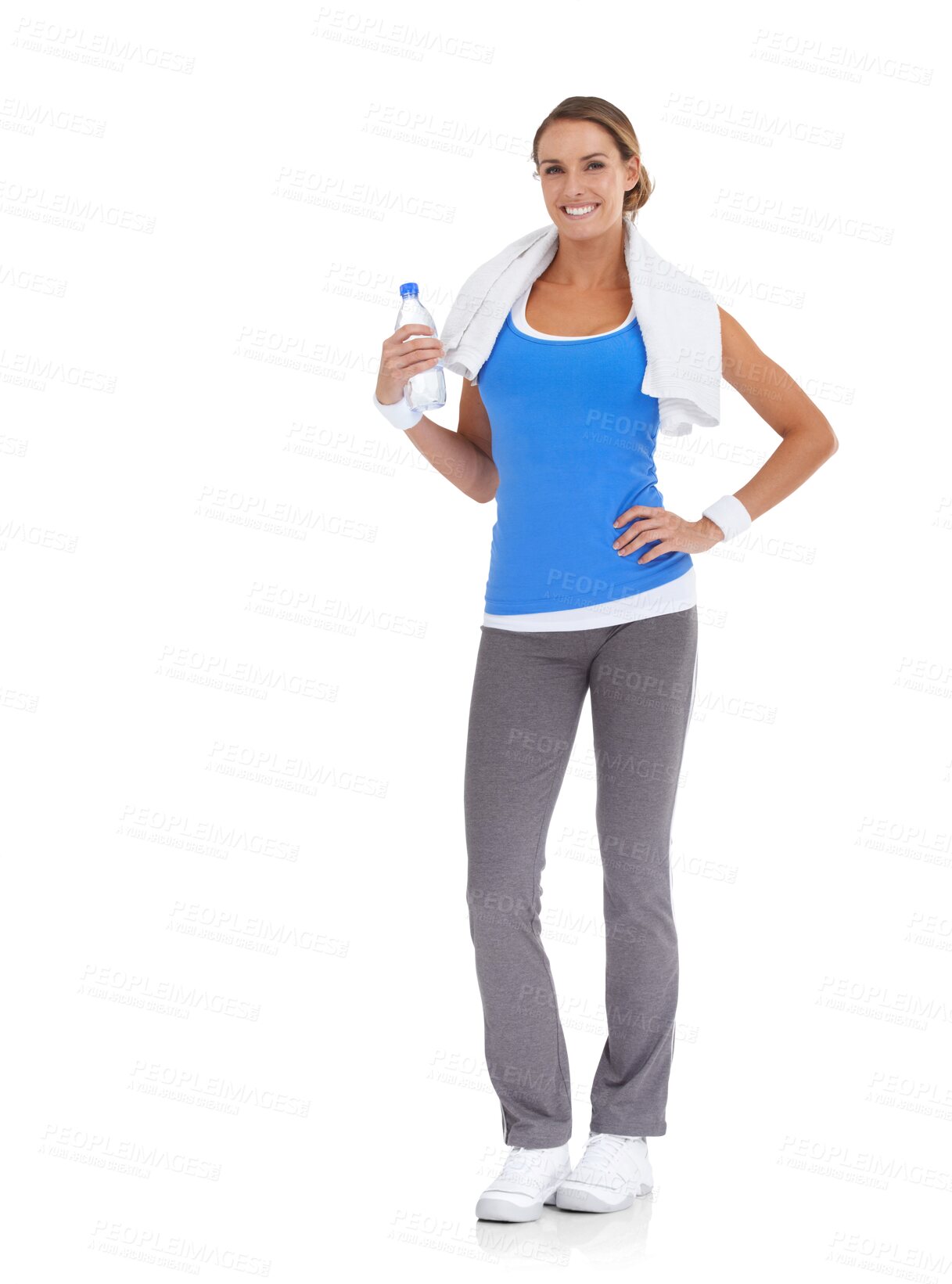 Buy stock photo Fitness towel, portrait and woman with water isolated on a transparent png background. Sports, bottle and happy athlete with drink for healthy nutrition after exercise, workout or wellness training.