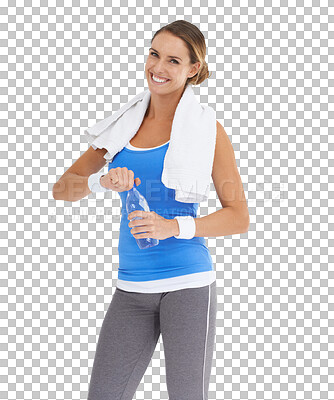 Buy stock photo Fitness, portrait of a woman with water and smile isolated against a transparent png background for workout. Exercise or training, sportswear and female athlete with bottle for health wellness