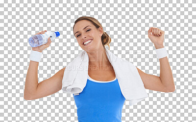 Buy stock photo Fitness, portrait of woman celebrating and smile isolated against a transparent png background for workout. Success or winner, happy for training and female athlete with bottle for celebration