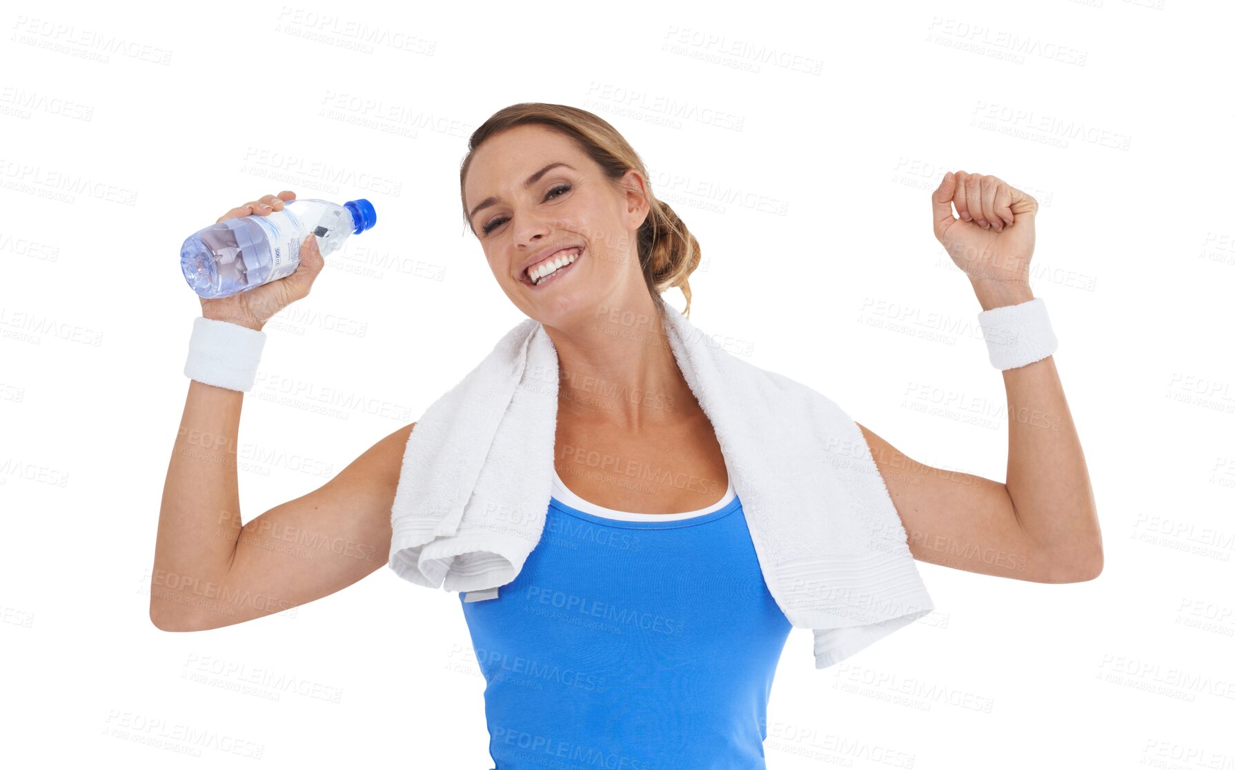 Buy stock photo Fitness, portrait of woman celebrating and smile isolated against a transparent png background for workout. Success or winner, happy for training and female athlete with bottle for celebration