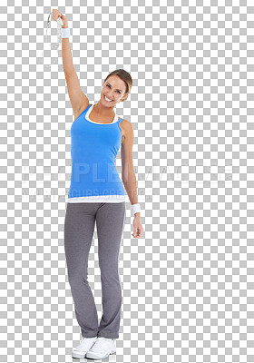 Buy stock photo Fitness, weightloss and tape measure with woman or success in portrait with png or isolated and transparent background. Female person, healthy body and winner with workout and wellness for happiness.