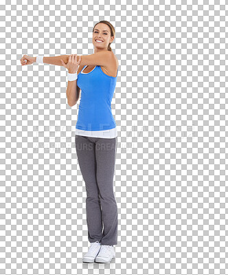 Buy stock photo Stretching, fitness and happy with portrait of woman on transparent background for training, workout or challenge. Exercise, performance and warm up with person isolated on png for running and health
