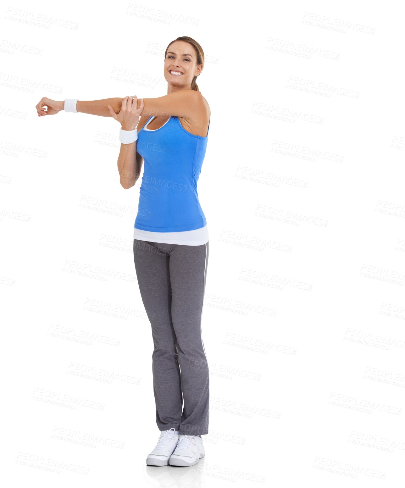 Buy stock photo Stretching, fitness and happy with portrait of woman on transparent background for training, workout or challenge. Exercise, performance and warm up with person isolated on png for running and health