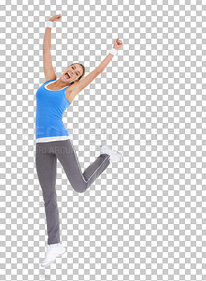 Buy stock photo Portrait, jump and woman success, fitness celebration and yes for lose weight, training results and winning. Celebrate, excited and person, sports or body goals isolated on transparent png background