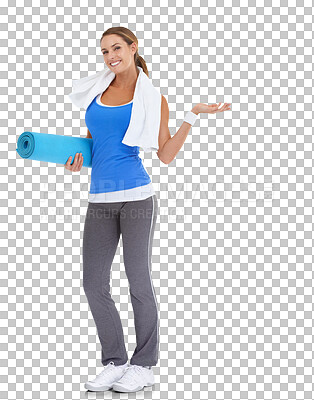 Buy stock photo Yoga, show and portrait with woman and hand  on transparent background for fitness, workout and exercise. Health, wellness and pilates with person isolated on png for presentation and promotion
