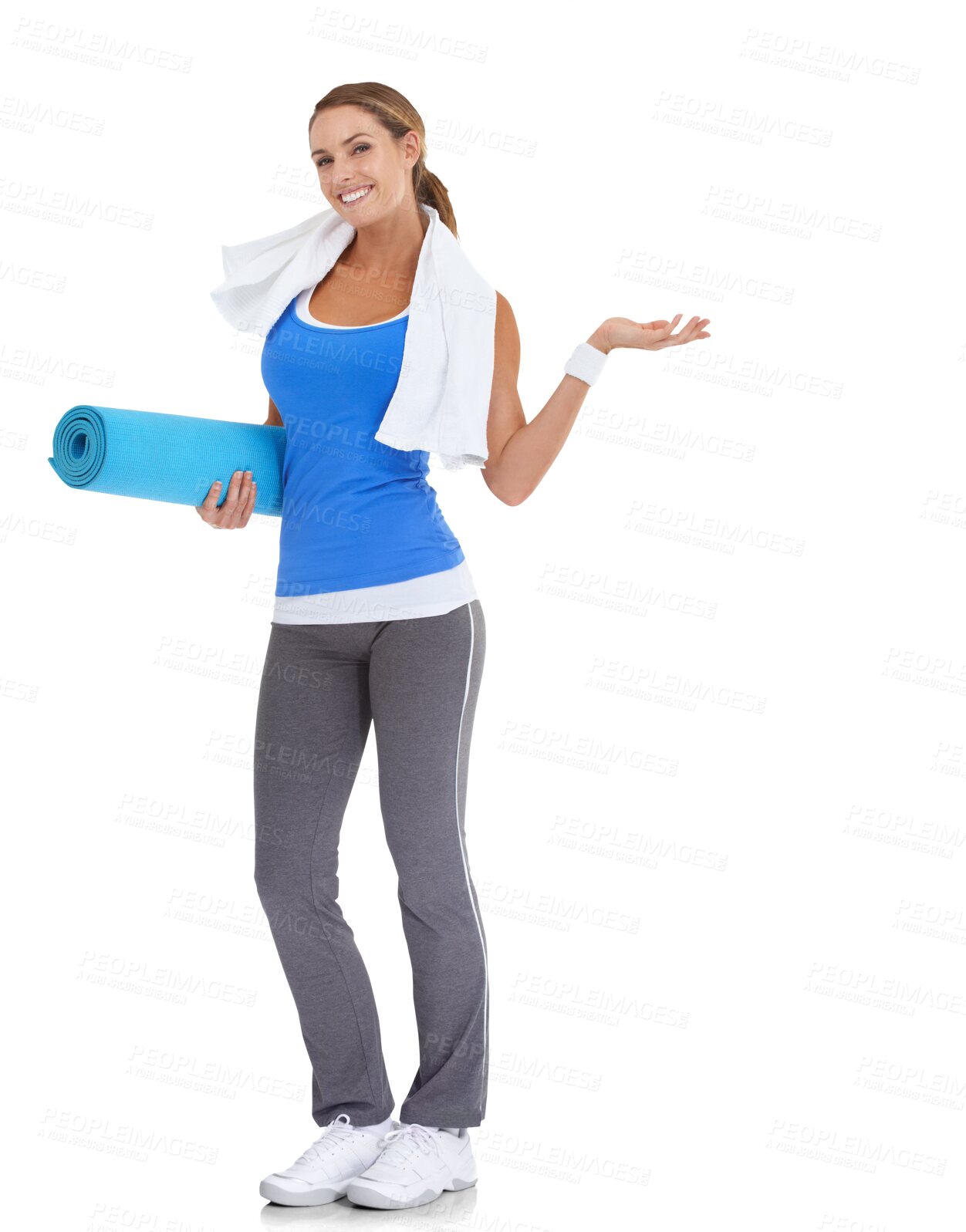 Buy stock photo Yoga, show and portrait with woman and hand  on transparent background for fitness, workout and exercise. Health, wellness and pilates with person isolated on png for presentation and promotion