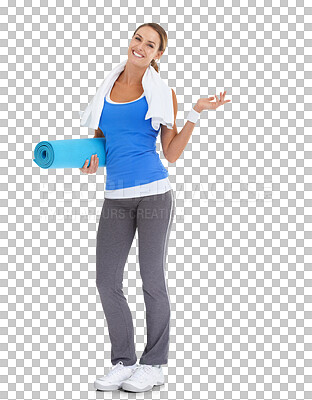 Buy stock photo Fitness, portrait of a woman with yoga mat and smile isolated against a transparent png background for workout. Exercise or training, sportswear and happy female person pose for health wellness