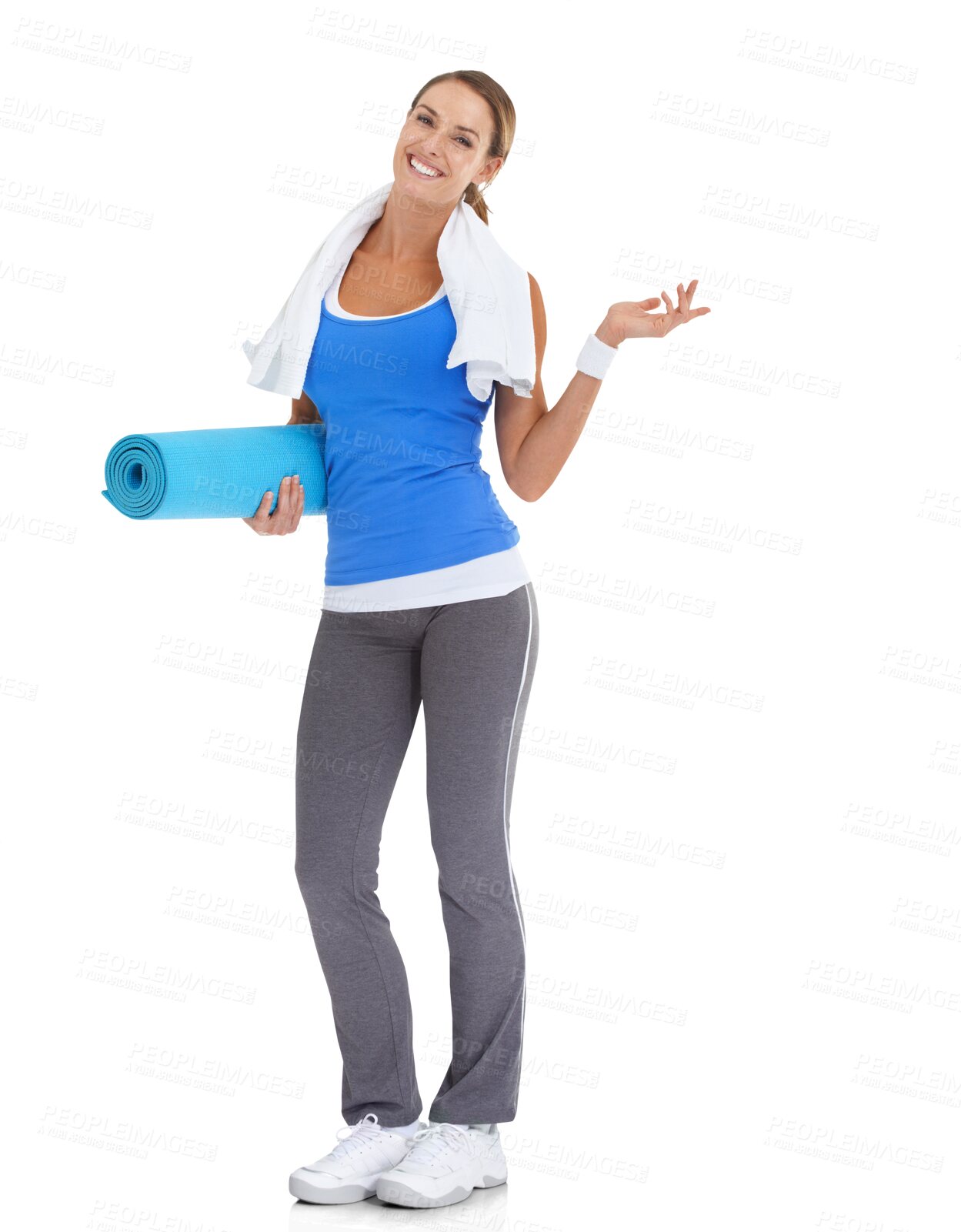 Buy stock photo Fitness, portrait of a woman with yoga mat and smile isolated against a transparent png background for workout. Exercise or training, sportswear and happy female person pose for health wellness