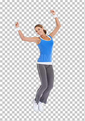 Buy stock photo Fitness, exercise and woman jump to celebrate success, energy and healthy lifestyle goals. Excited portrait of female person happy for workout celebration isolated on a transparent, png background