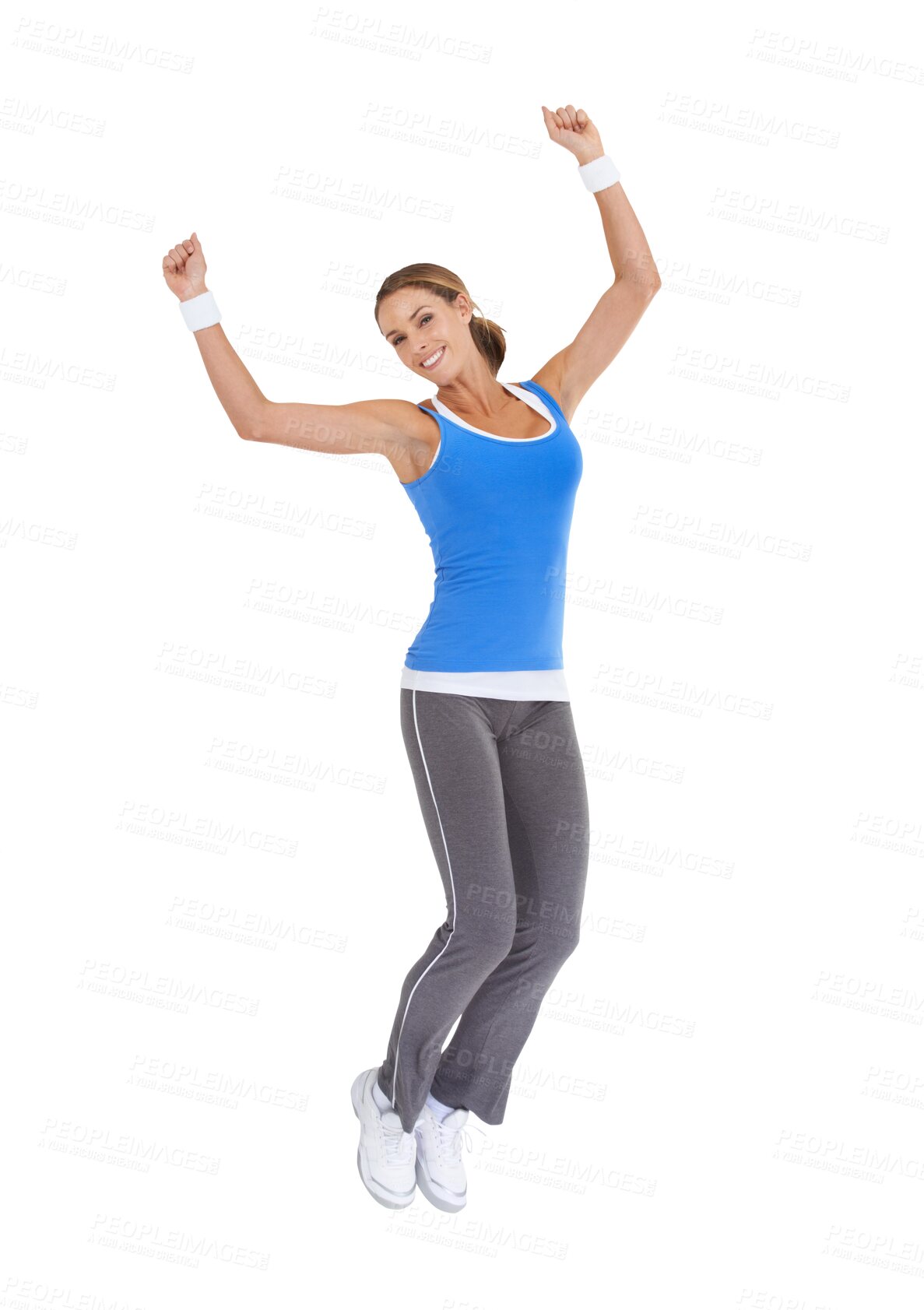 Buy stock photo Fitness, exercise and woman jump to celebrate success, energy and healthy lifestyle goals. Excited portrait of female person happy for workout celebration isolated on a transparent, png background