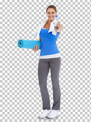 Buy stock photo Portrait, yoga mat and woman with water, smile and happy isolated on a transparent png background. Pilates, bottle and athlete with drink for healthy nutrition after exercise, workout or training.