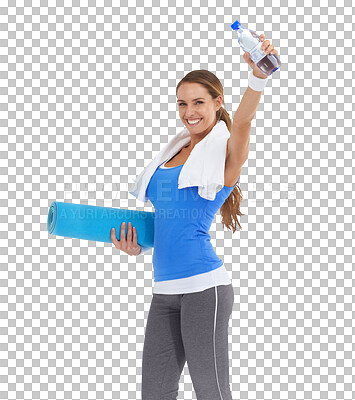 Buy stock photo Yoga fitness, portrait or happy woman with water bottle for hydration isolated on transparent png background. Exercise, wave hello or excited girl athlete greeting with h2o liquid or healthy drink