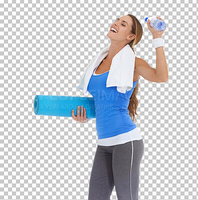 Buy stock photo Fitness, exercise mat and a woman with water bottle to celebrate healthy lifestyle goals. Female person happy about training workout achievement or success  isolated on a transparent, png background